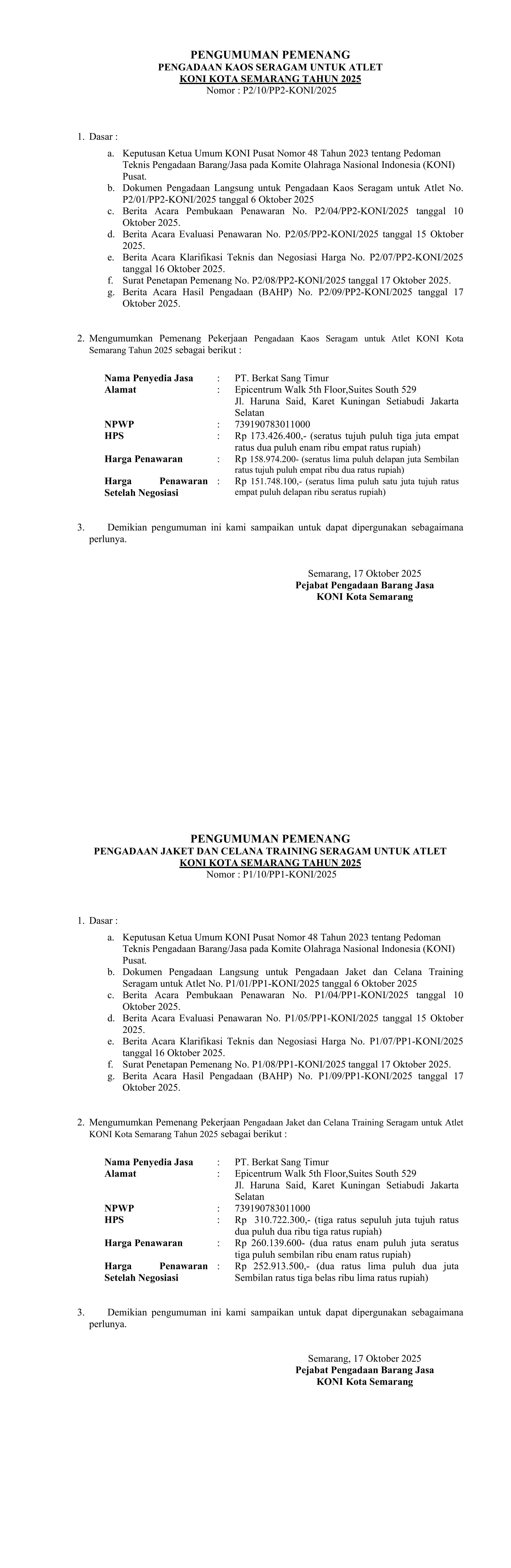 Pengumuman pemenang lelang